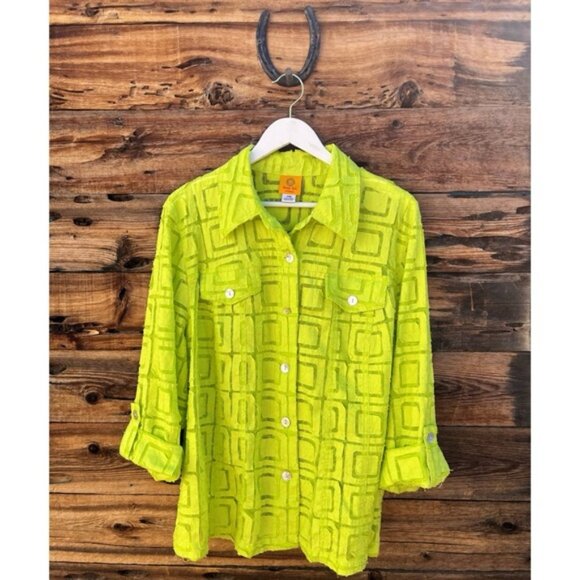 RUBY RD. | Chartreuse Lime Green Sheer Jacket Button Front Rolled Sleeve Top 24W - Picture 1 of 6